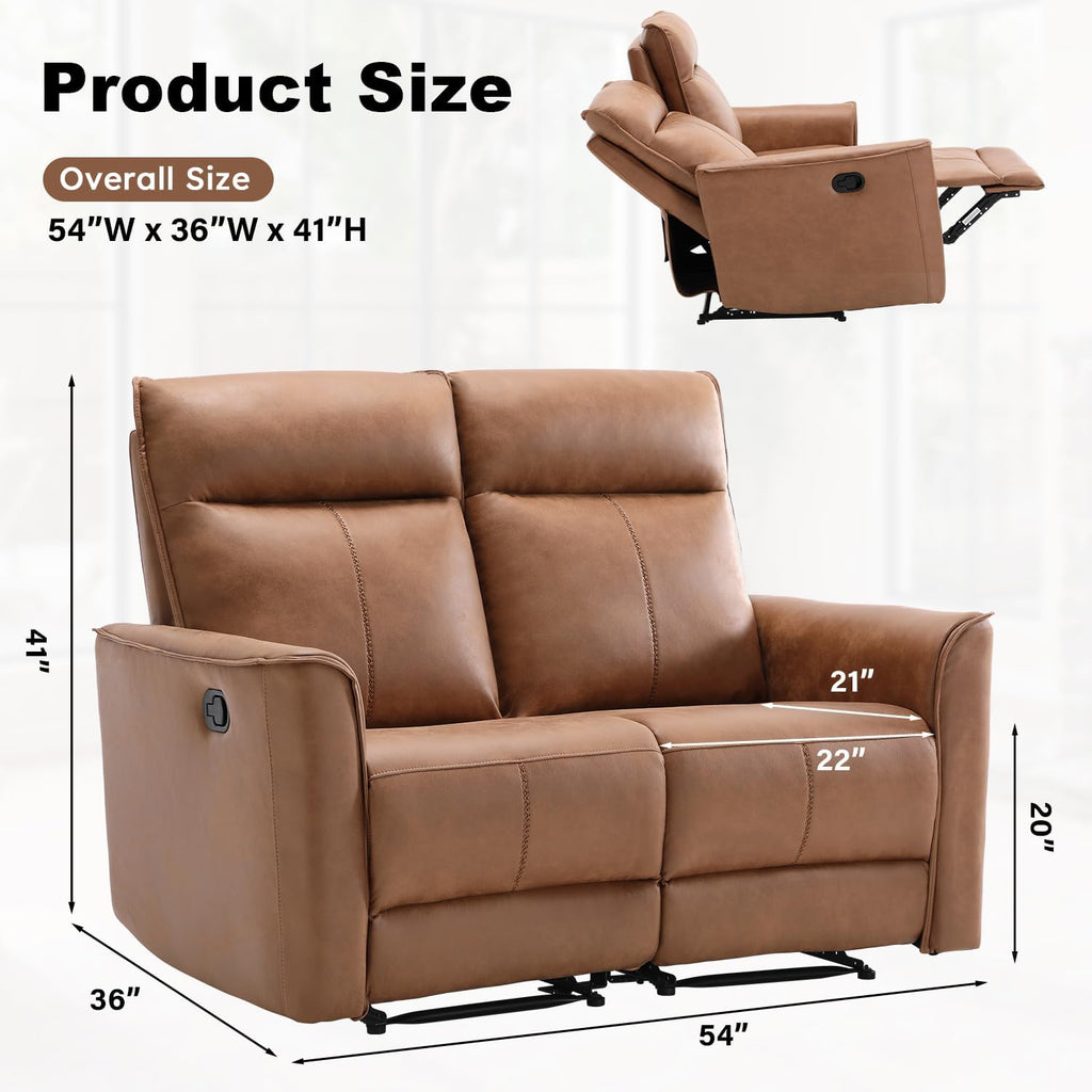 CANMOV Manual Loveseat Recliner Sofa, Wall-Hugger 2 Seat Reclining Love Seat Couches, Leathaire Reclining Sofa Set, Double Seater Recliner Chair for Living Room, Office, Apartment, Brown