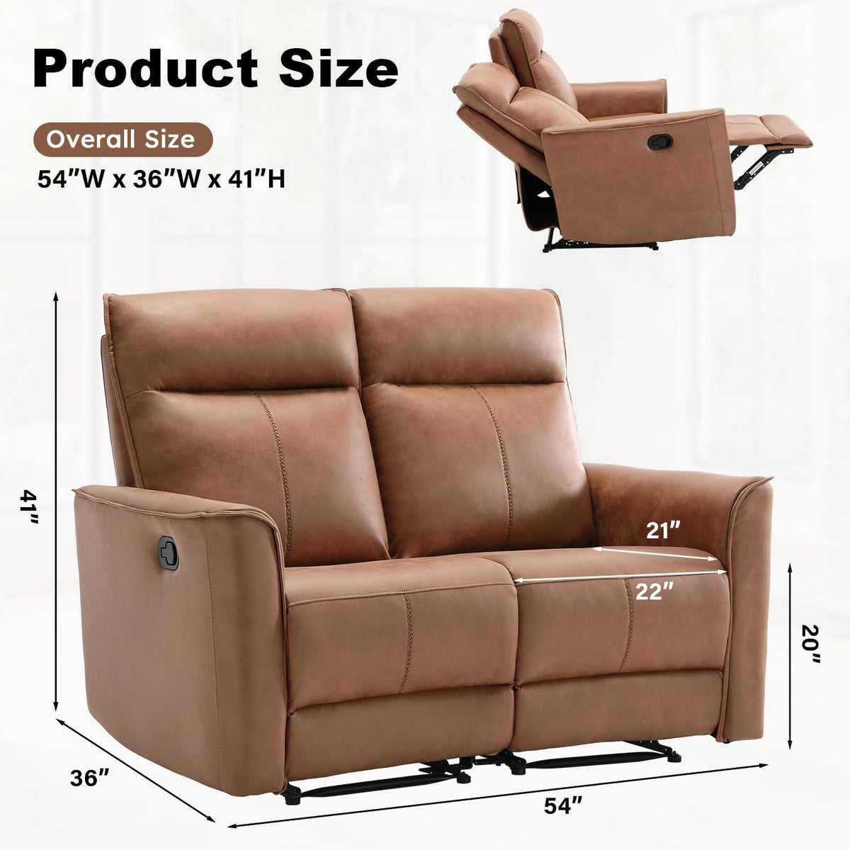 CANMOV Manual Loveseat Recliner Sofa, Wall-Hugger 2 Seat Reclining Love Seat Couches, Leathaire Reclining Sofa Set, Double Seater Recliner Chair for Living Room, Office, Apartment, Brown