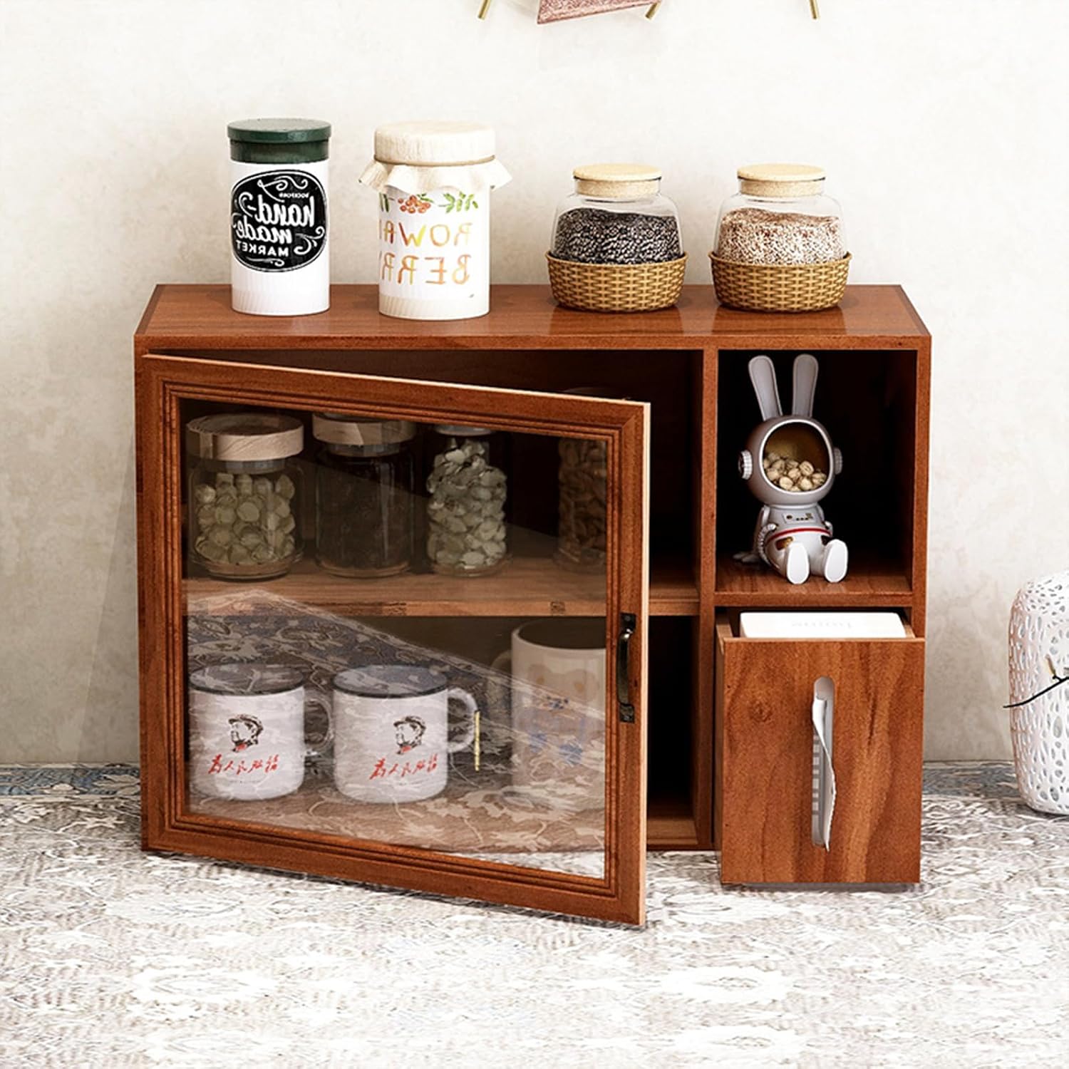 Gdrasuya10 Wooden Countertop Storage Cabinet Kitchen Small Pantry, Kitchen Countertop Organization Storage Shelf Pantry with Door Tabletop Countertop Spice Rack for Dishs, Cups, Bowls