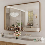 LOAAO 55X36 Inch Bathroom Mirror with Wood Grain Colored Metal Frame, Rounded Rectangle Metal Framed Bathroom Mirror, Anti-Rust, Hangs Horizontally or Vertically, Tempered Glass
