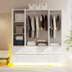 VOWNER Wardrobe Closet with 4 Doors Bedroom Armoire with Mirror & 6 Drawers