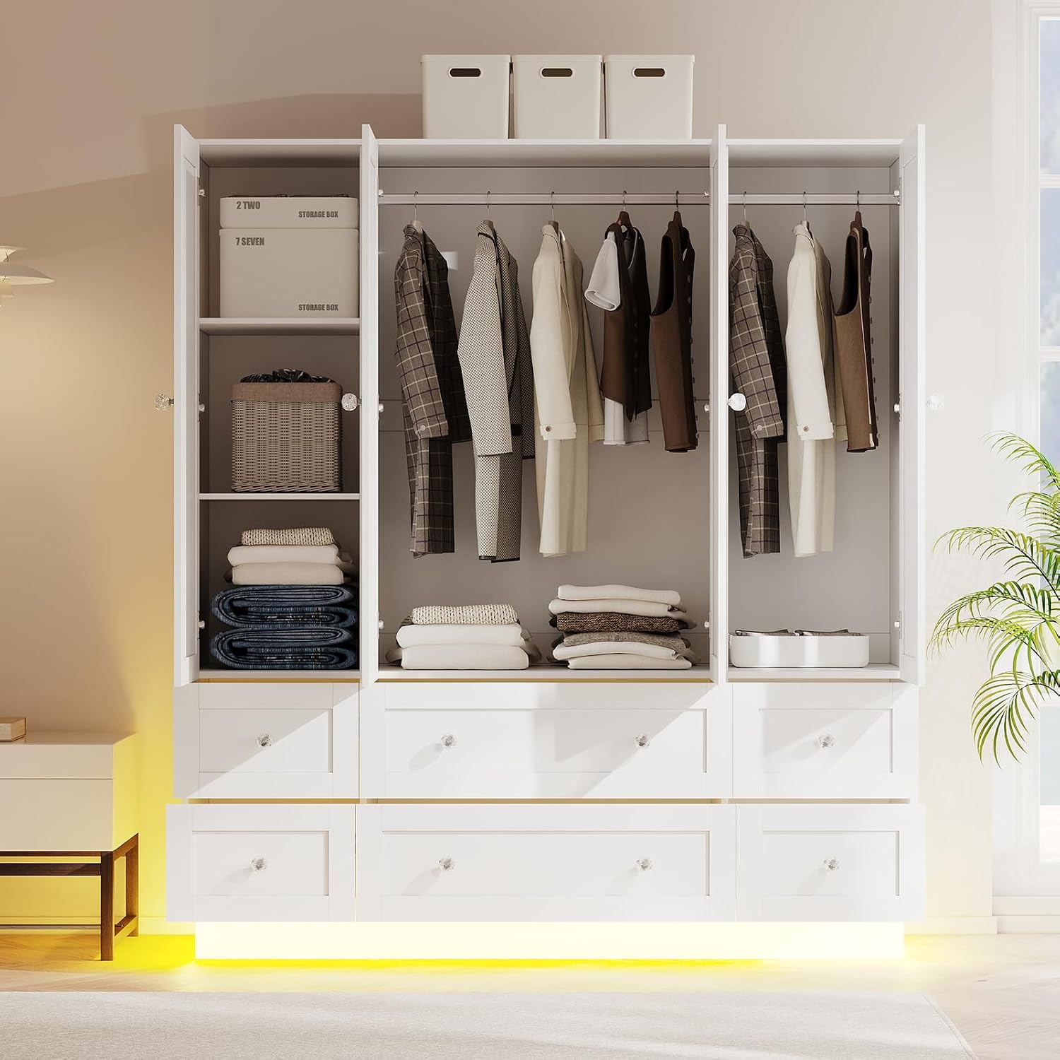 VOWNER Wardrobe Closet with 4 Doors Bedroom Armoire with Mirror & 6 Drawers