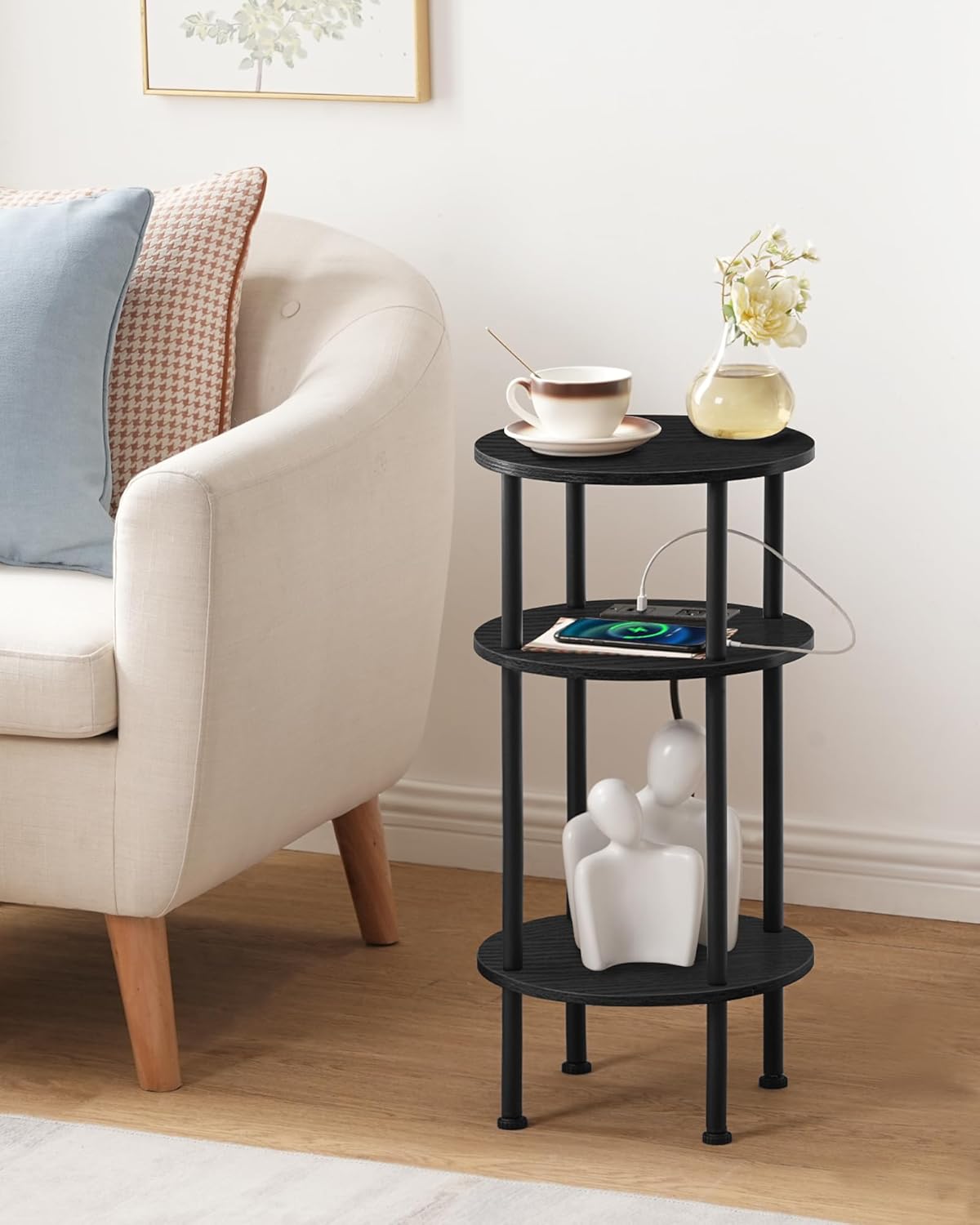 CHOEZON Small Round Side Table with Charging Station, 3-Tier Round End Table for Small Spaces, Nightstand for Living Room, Bedroom, Black TBZ06UBB