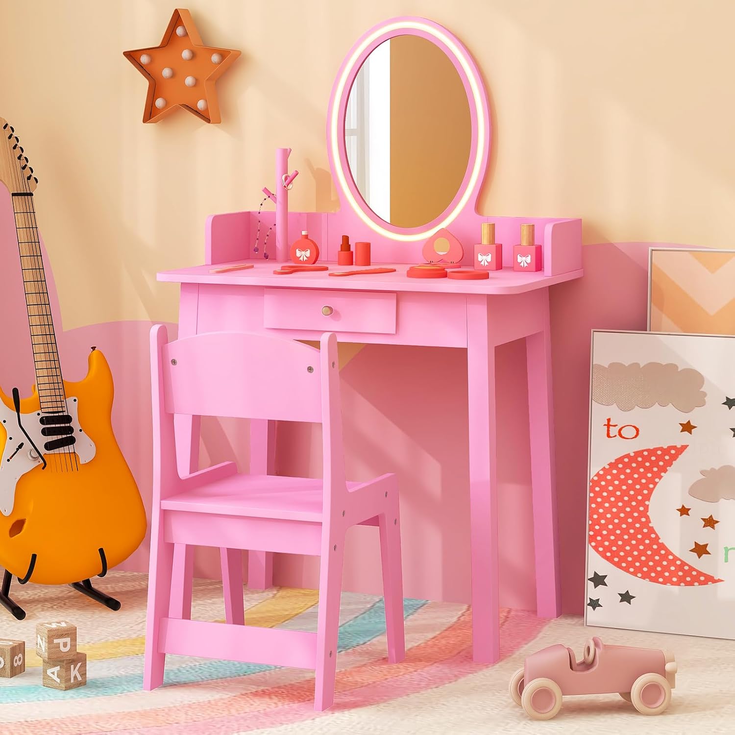 Costzon Kids Vanity, Girls Vanity Set with Mirror and Stool and Lights, Drawer, Jewelry Rack, 2 in 1 Wooden Princess Makeup Desk Dressing Table, Kids Vanity Table and Chair Set (Pink)