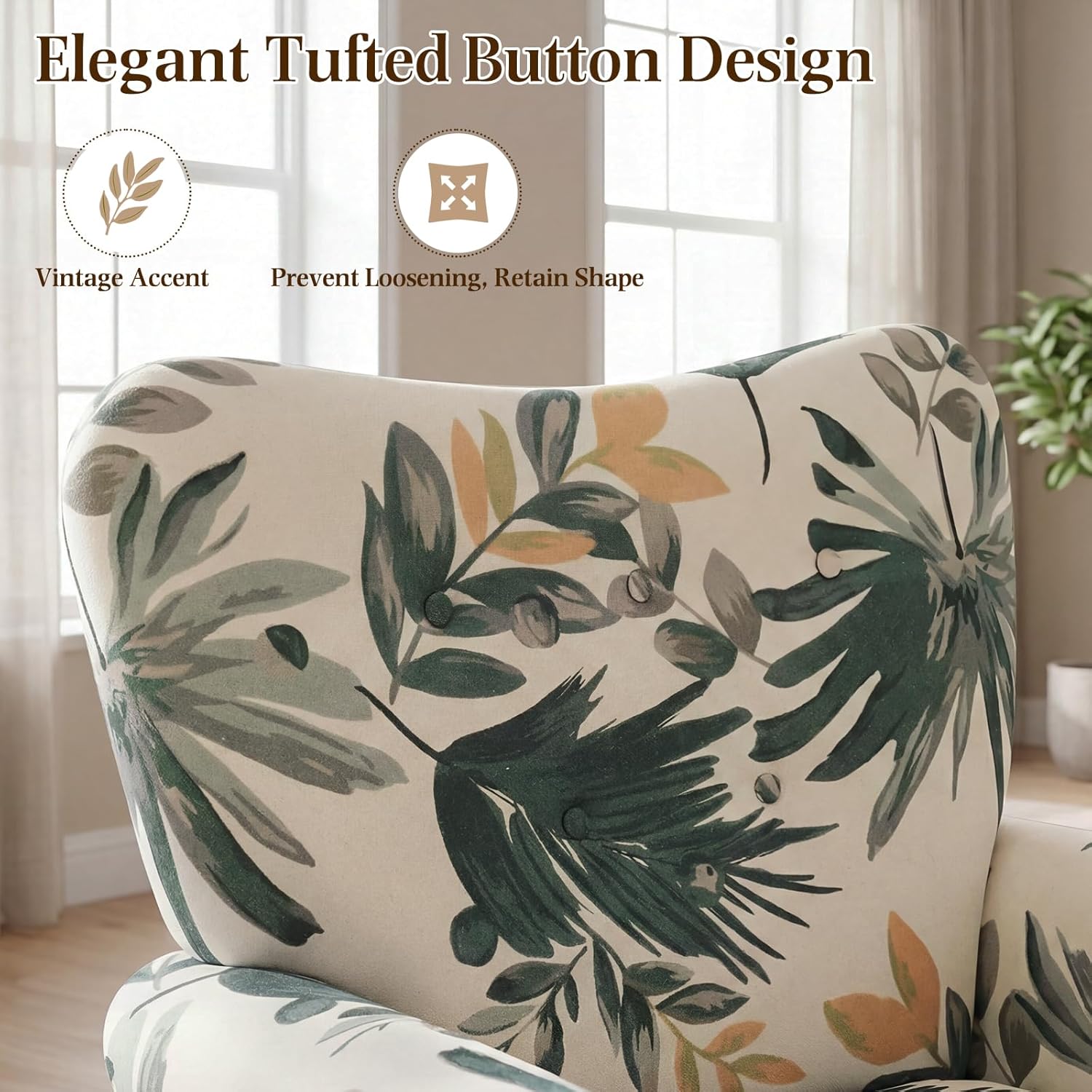 YOLENY Mid Century Wingback Arm Chair, Modern Upholstered Fabric High Back Accent Chair with Wood Legs, Upholstered Single Sofa Club Chair for Living Room, Bedroom, Home Office, Grey Green Leaves