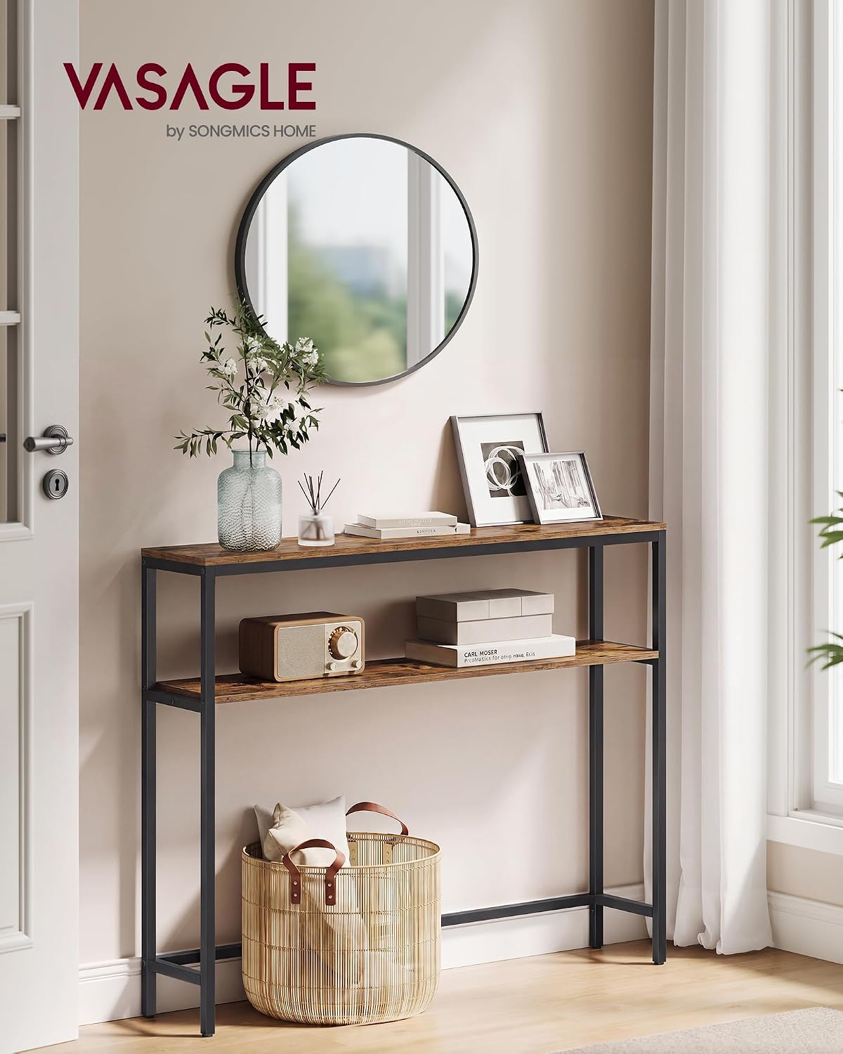 VASAGLE 39.4 Inches Console Table, 2-Tier Narrow Sofa Table with 2 Shelves | Modern Entry Table, 7.9 x 39.4 x 31.5, for Living Room, Bedroom, Rustic Brown and Ink Black BARNET Collection ULNT131K01V1