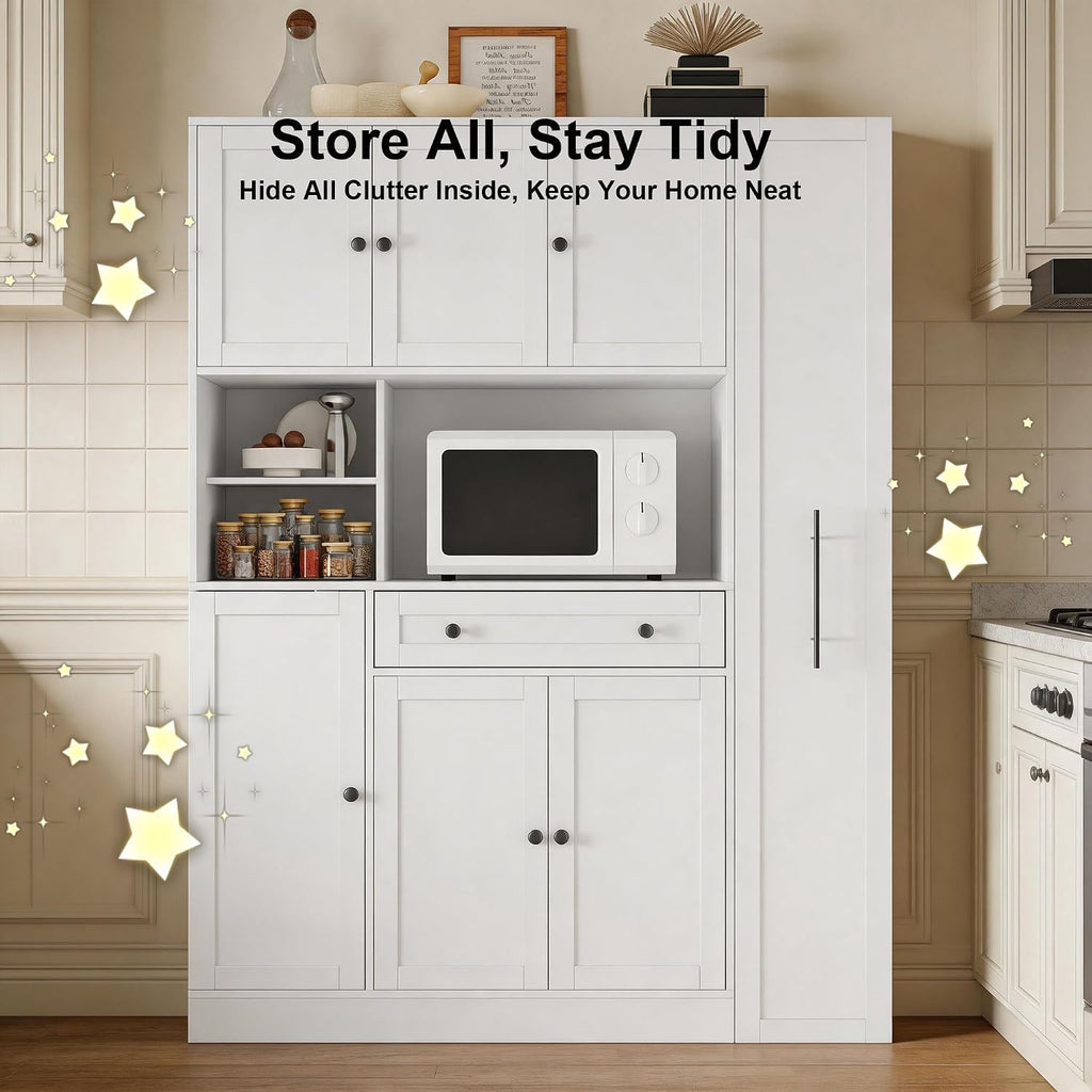 70 Inch Buffet with Hutch and Pull-Out Side Cabinet, White | White P2 MDF, kitchen or dining room, 7-tier side organizer, door shelves, adjustable shelves, open workstation, 52.8 in W