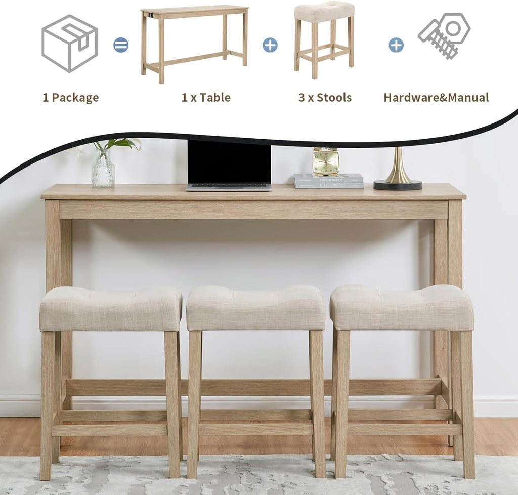 59" Counter Height Bar Table Set with Power Outlet, Industrial Breakfast Table with 3 Padded Stools, 4 Piece Bar Table and Chairs Set for Living Room, Dining Room, Light Oak