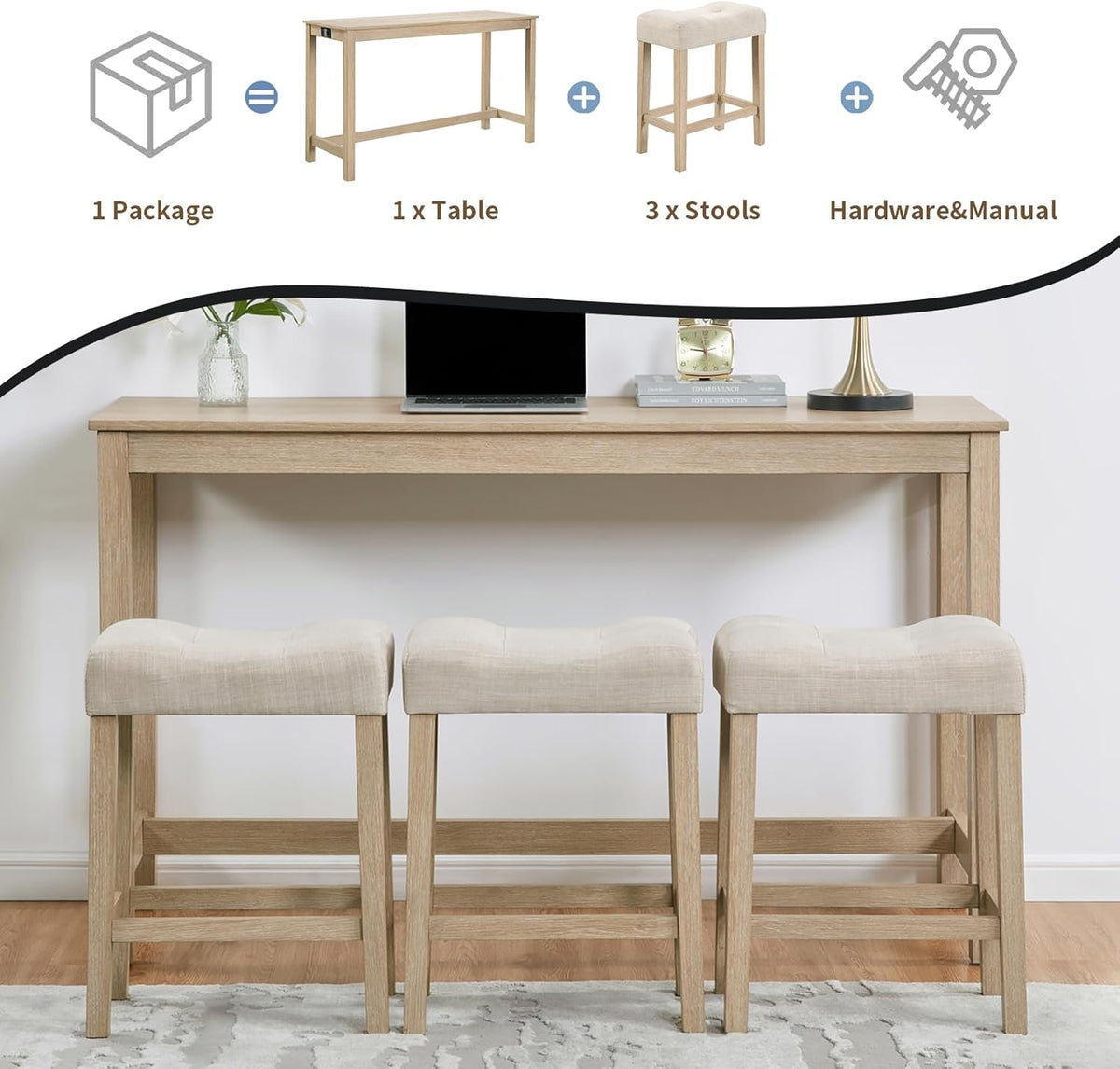 59" Counter Height Bar Table Set with Power Outlet, Industrial Breakfast Table with 3 Padded Stools, 4 Piece Bar Table and Chairs Set for Living Room, Dining Room, Light Oak