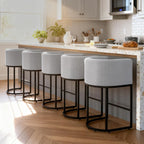 26" H Counter Height Bar Stools Set of 3, Modern Barrel Counter Stools with Backrest and Arms, Linen Fabric Upholstered Accent Barstools for Kitchen Island,Support 450 LBS