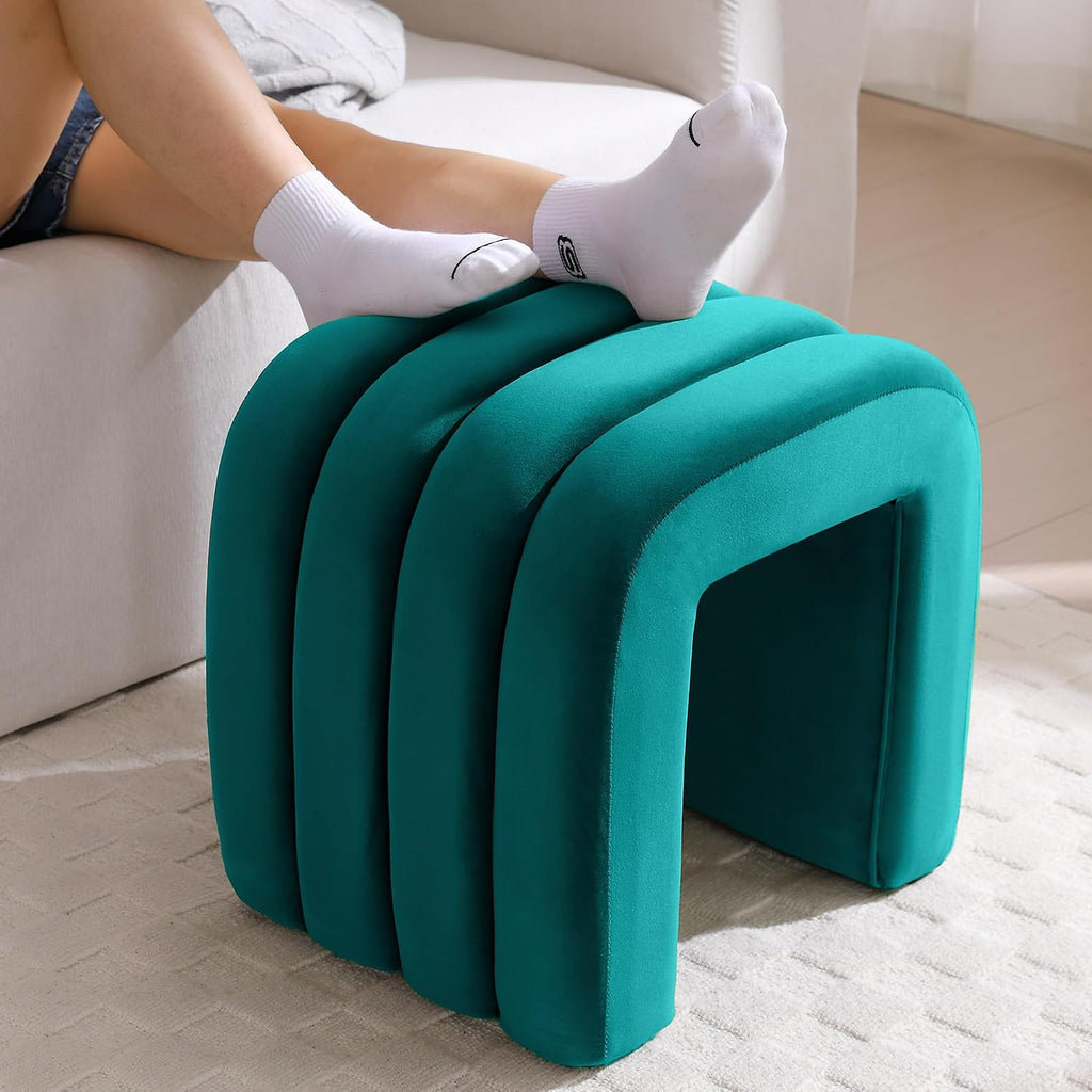 Flouki Small Ottoman Set of 2, Vanity Stools with Aesthetic Channel Tufted, Ottoman Foot Stool for Entryway, Upholstered Foot Rest Extra Seat for Living Room (Teal)
