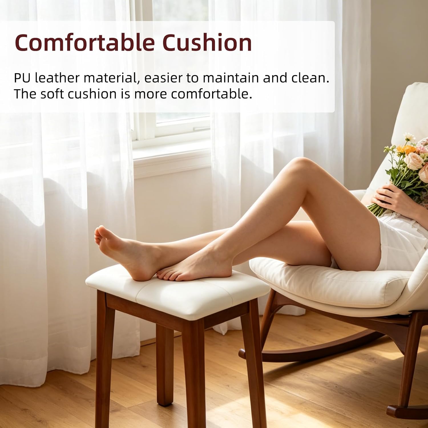 Solid Wood Vanity Stool with Cushion, 11" D x 15" W x 18" H - Small Wooden Ottoman Bench Chair Padded Seat for Bedroom/Living Room/Office/Makeup Vanity/Closet/Desk - Brown