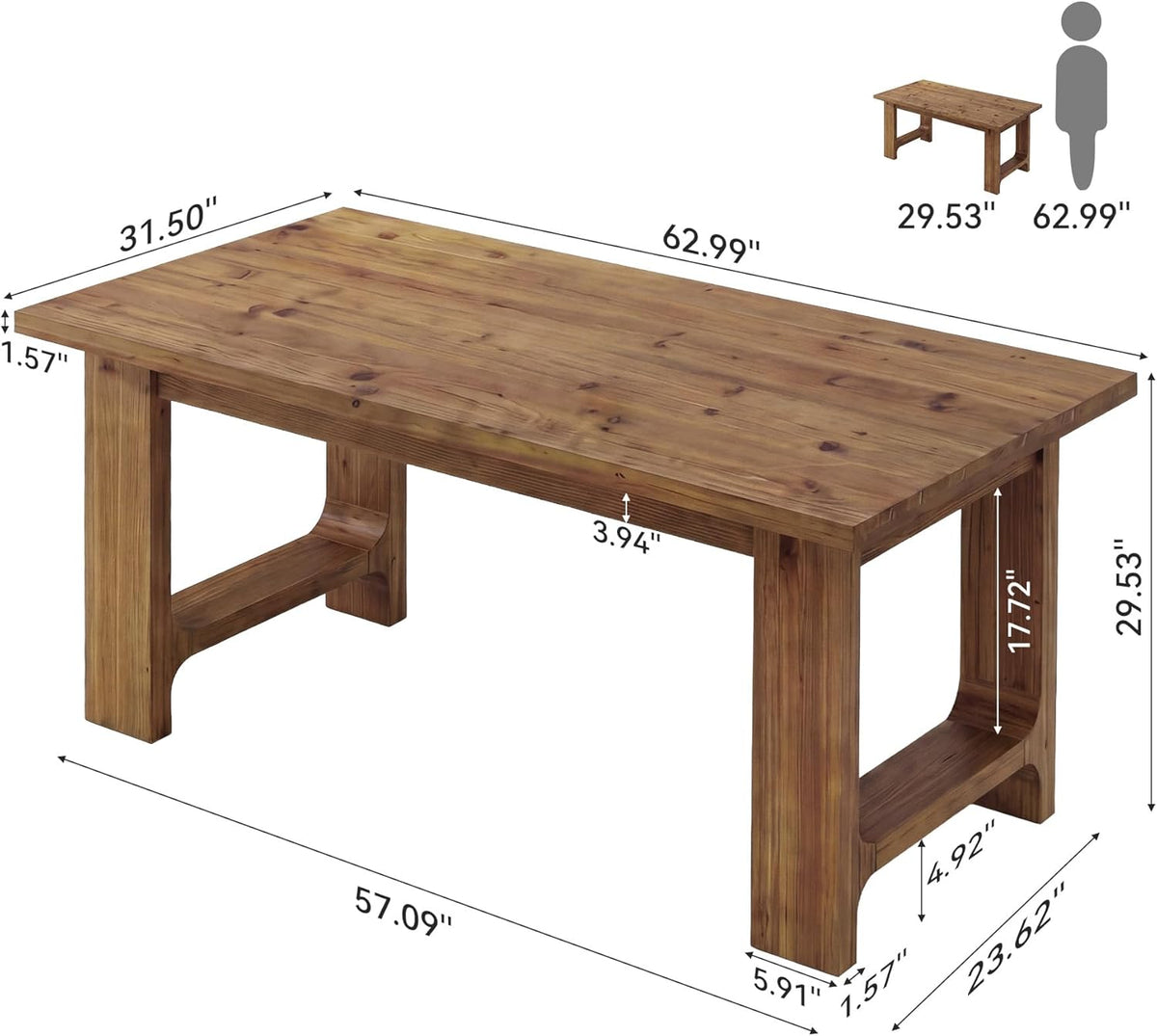 63-Inch Farmhouse Dining Table, Solid Wood Kitchen Table for 4-6 People, Large Wooden Rectangular Dinner Tables for Dining Room, Easy Assembly