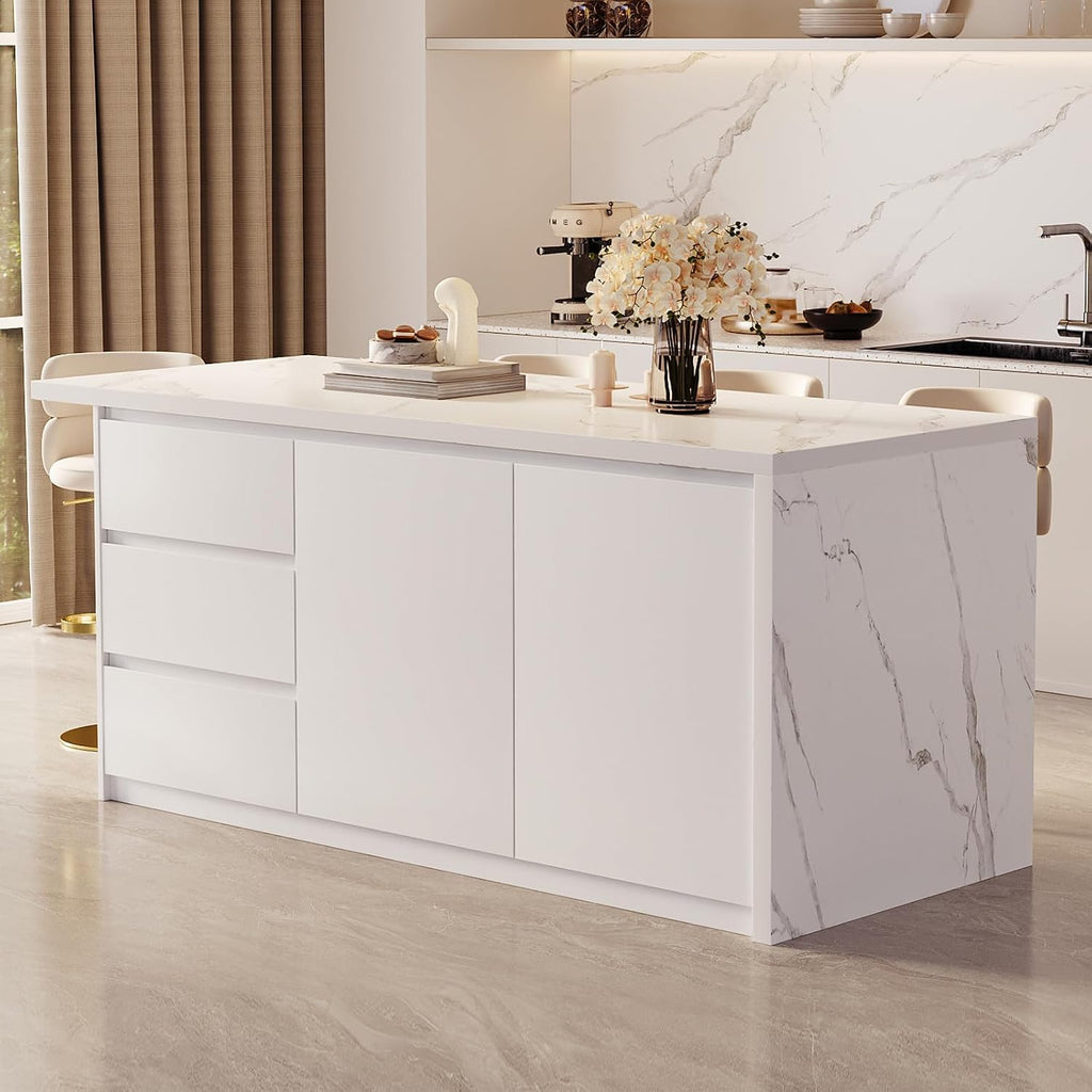 homary Kitchen Island with Storage & Wine Rack, 72" Modern White Kitchen Cabinet with Wood Top, Large Fixed Island with 3 Drawers & 6 Adjustable Shelves, Without Bar Stools