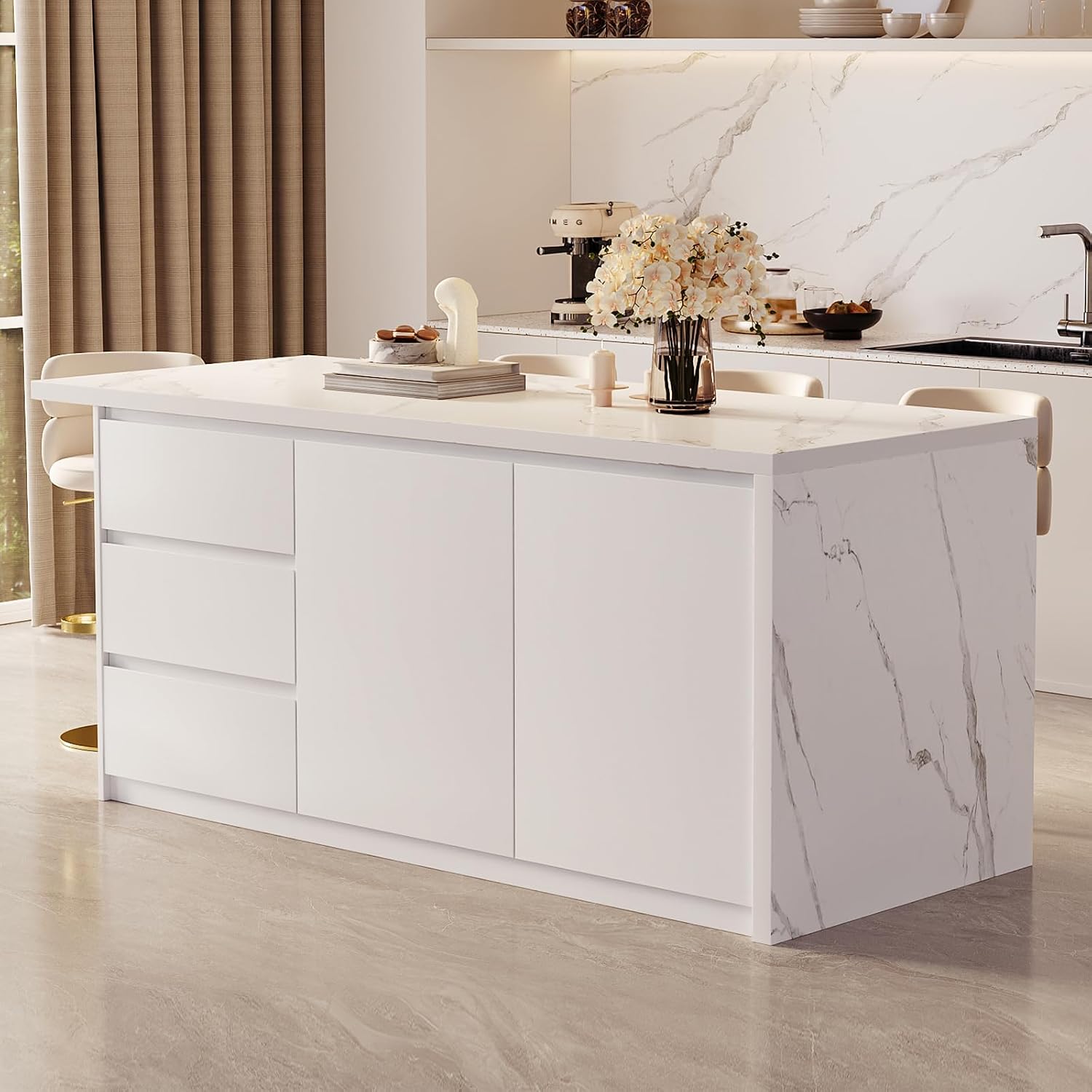 homary Kitchen Island with Storage & Wine Rack, 72" Modern White Kitchen Cabinet with Wood Top, Large Fixed Island with 3 Drawers & 6 Adjustable Shelves, Without Bar Stools