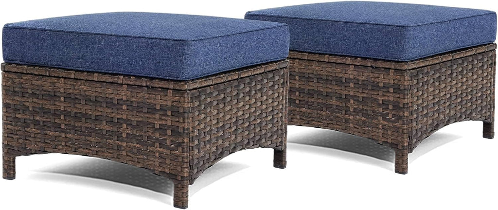 HILLGA 2PCS Outdoor Ottomans for Patio, Outdoor Footstools with Steel Frame | 2PCS, Wicker Ottoman, Patio Foot Rest, Premium Wicker, Comfortable Cushions, Garden Porch Backyard Deck (Blue)