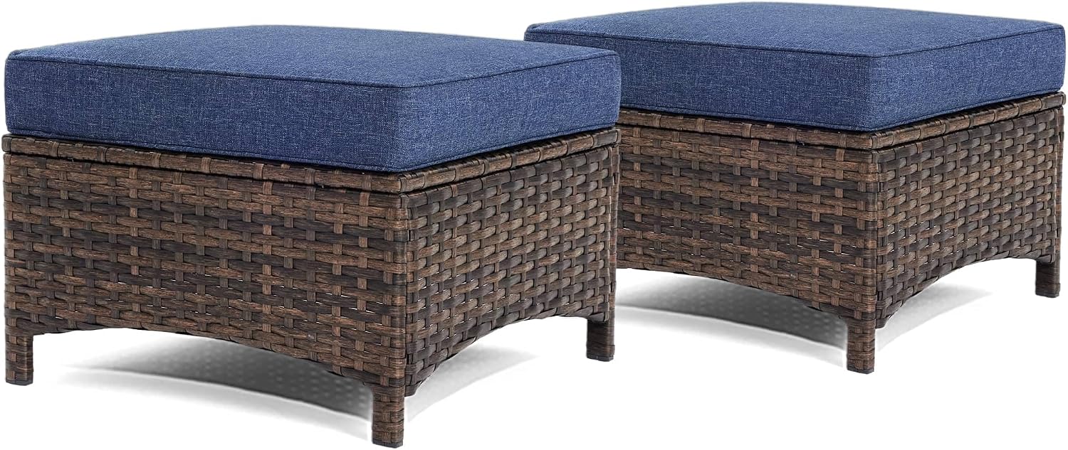 HILLGA 2PCS Outdoor Ottomans for Patio, Outdoor Footstools with Steel Frame | 2PCS, Wicker Ottoman, Patio Foot Rest, Premium Wicker, Comfortable Cushions, Garden Porch Backyard Deck (Blue)