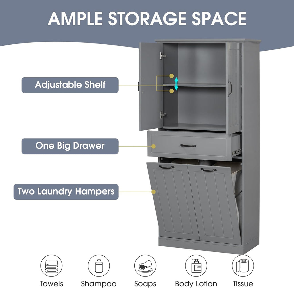 Merax 65.8" Pantry Cabinet with Two Doors & One Drawer & Two Laundry Hampers, Adjustable Shelves Storage Cupboard for Kitchen/Dining Room/Bathroom, Gray