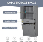Merax 65.8" Pantry Cabinet with Two Doors & One Drawer & Two Laundry Hampers, Adjustable Shelves Storage Cupboard for Kitchen/Dining Room/Bathroom, Gray