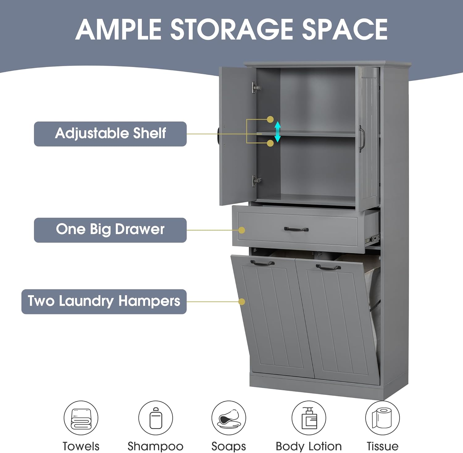 Merax 65.8" Pantry Cabinet with Two Doors & One Drawer & Two Laundry Hampers, Adjustable Shelves Storage Cupboard for Kitchen/Dining Room/Bathroom, Gray