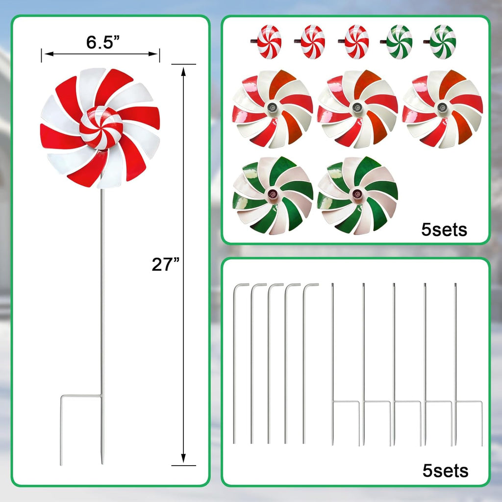 5 Pack Metal Colorful Candy Wind Spinners Outdoor,Lollipop Christmas Decorations Outside,Yard Stake for Garden,Lawn Ornament