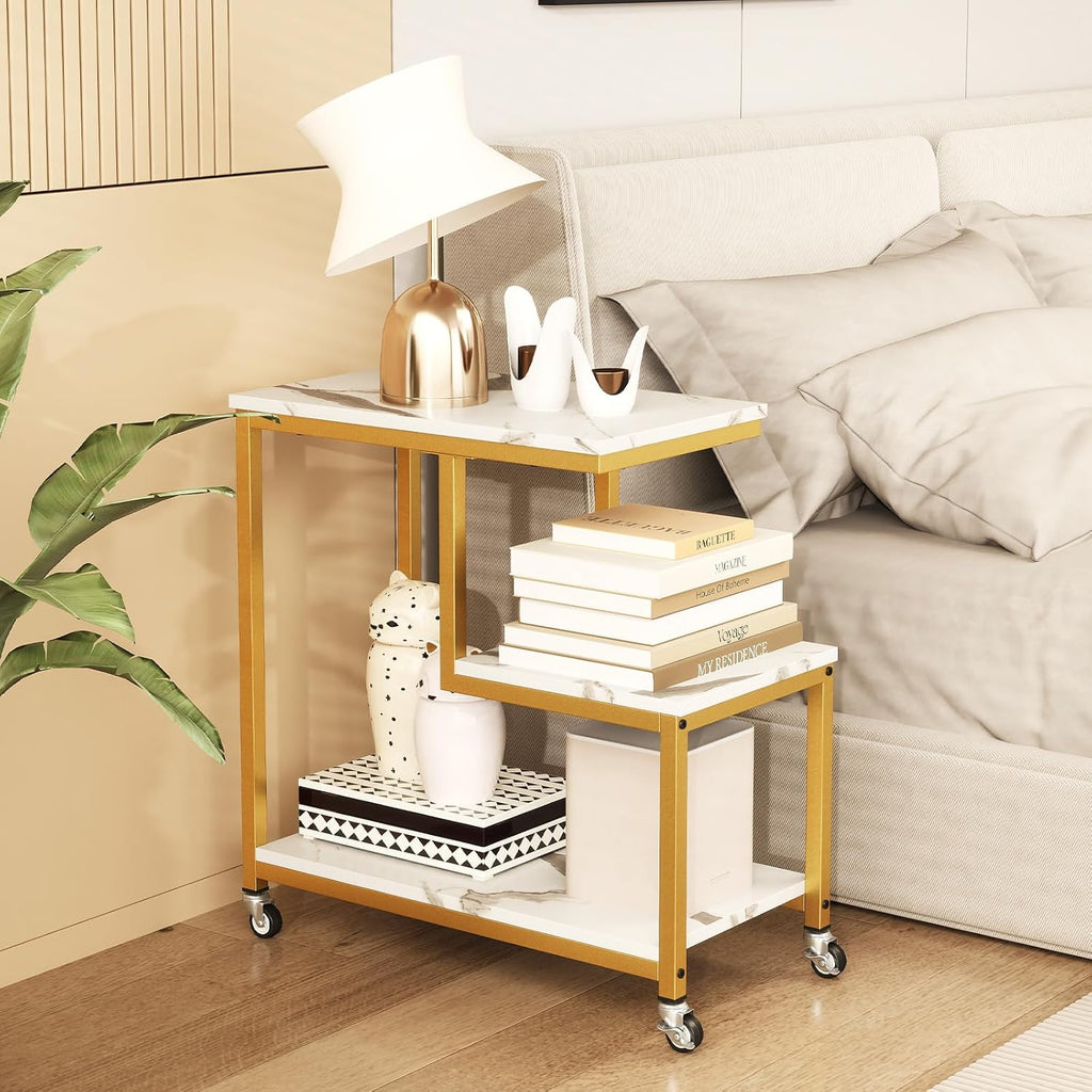 Giantex 3-Tier Side Table with Wheels, G-Shaped Mobile End Table with Open Shelves & Metal Frame, Rolling Sofa Couch Table for Living Room Bedroom Office, White & Gold