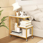 Giantex 3-Tier Side Table with Wheels, G-Shaped Mobile End Table with Open Shelves & Metal Frame, Rolling Sofa Couch Table for Living Room Bedroom Office, White & Gold