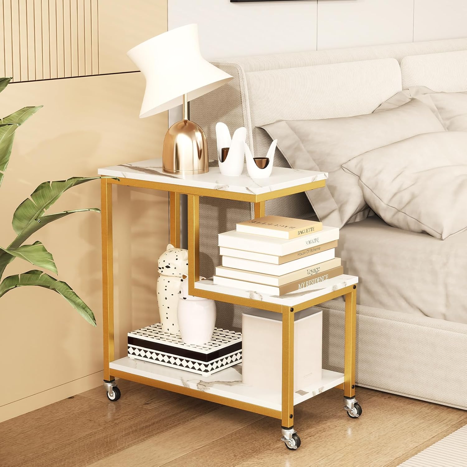 Giantex 3-Tier Side Table with Wheels, G-Shaped Mobile End Table with Open Shelves & Metal Frame, Rolling Sofa Couch Table for Living Room Bedroom Office, White & Gold