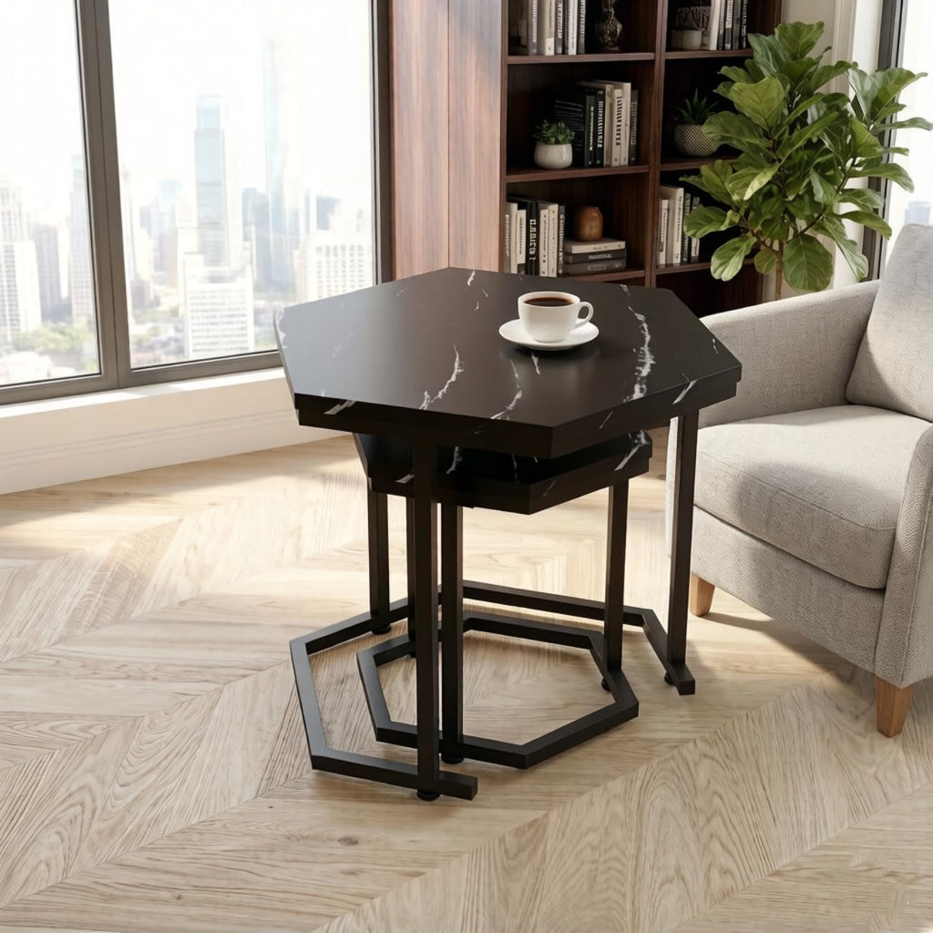 Hexagon Nesting Side Tables Set of 2, Black Marble | Space-saving hexagon nesting side tables set of 2, sturdy metal frame, waterproof MDF top, for living room bedroom