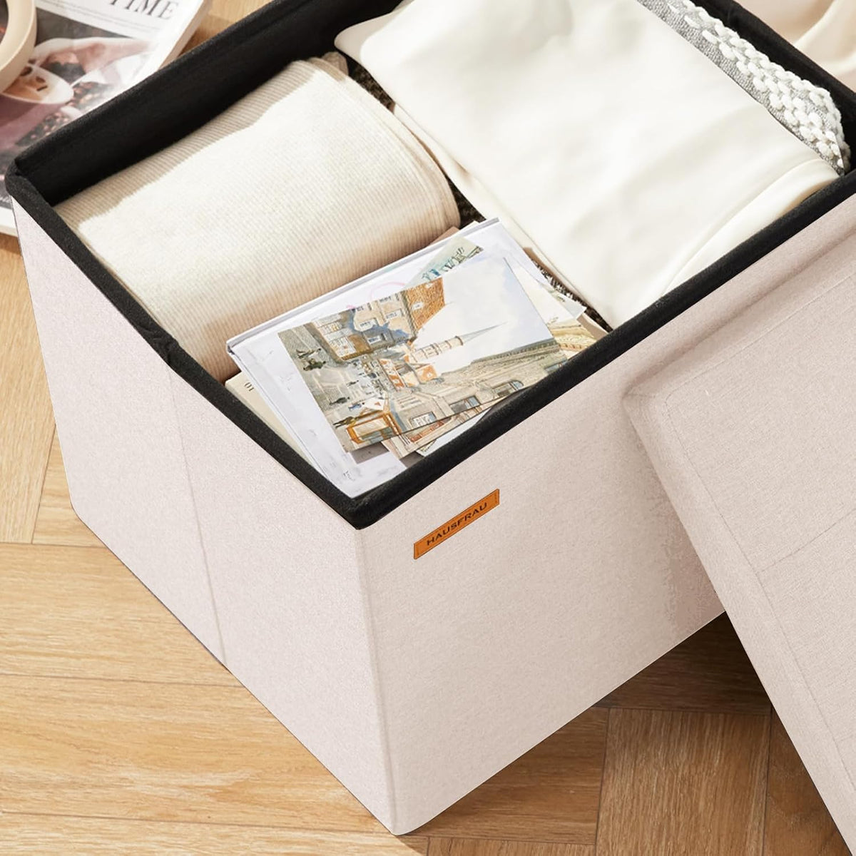 HAUSFRAU Ottoman Storage Bench Small Folding Foot Rest Stool Linen Beige | Small Footrest Footstool, Bedroom Bench, Living Room Dorm Ottoman, Rectangle, Upholstered Botton Tufted