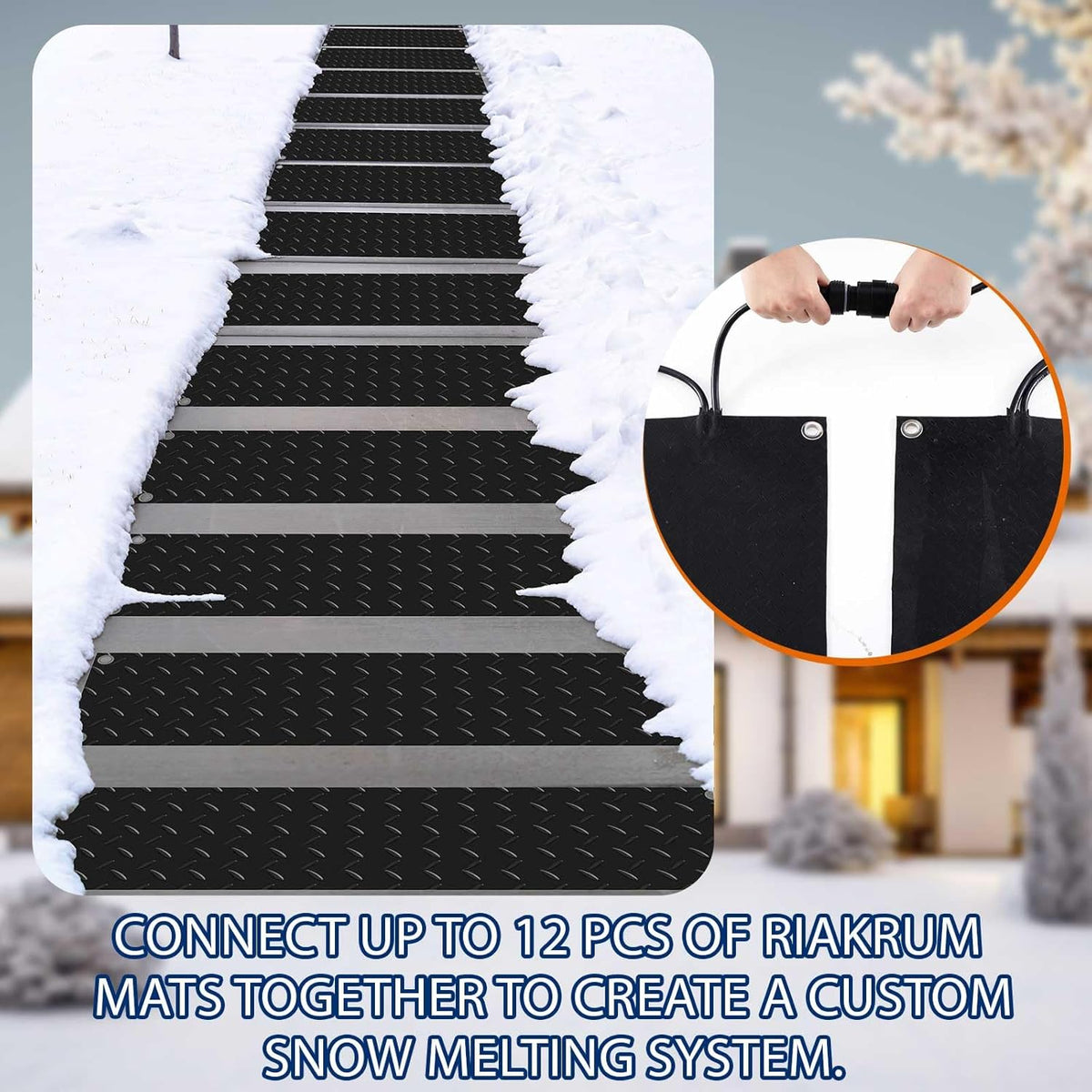 Riakrum 10 Pcs Heated Snow Melting Mats Outdoor, 10 x 30 in Winter Anti-Slip Heated Rubber Mat for Walkways Decks and Sidewalks, Snow and Ice Melting Pads Connection with 9.84 ft Power Cord
