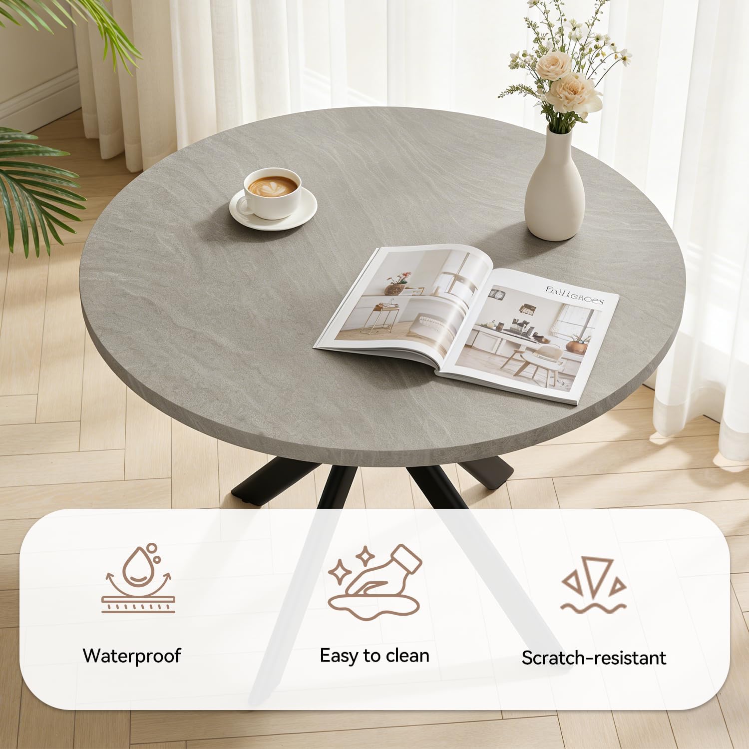 44" Round Dining Table Set for 4, Modern X-Shaped Metal Leg Table | Cushioned Cozy Beige Chairs of 4, Mid-Century Gray Tabletop, Dinette set for Kitchen, Dining Room & Apartments
