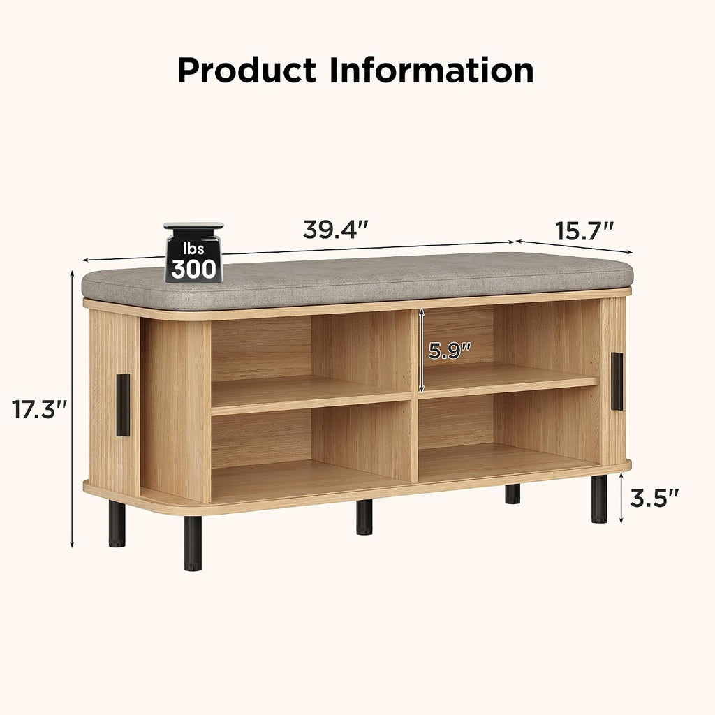Maupvit Shoe Storage Bench with Smooth Fluted Sliding Doors, 2 Tier Hidden Shoe Organizer Cabinet, Adjustable Shelf & Comfy Cushion Seat for Entrance, Mudroom, Front Door, 39" W Shoe Rack Natural Oak