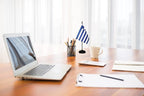 Greece Greek Deluxe Desk Flag Set, Small Mini Miniature Greece Greek Table Desktop Flags With Solid Pole, Black Base and Spear Top(2 Pack)