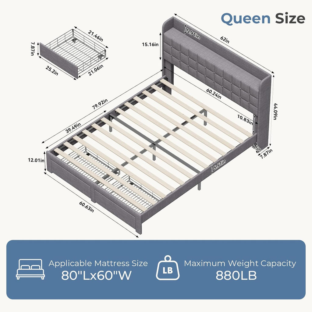 OLIXIS Queen Size Bed Frame, Upholstered Platform Bed Frame with Headboard