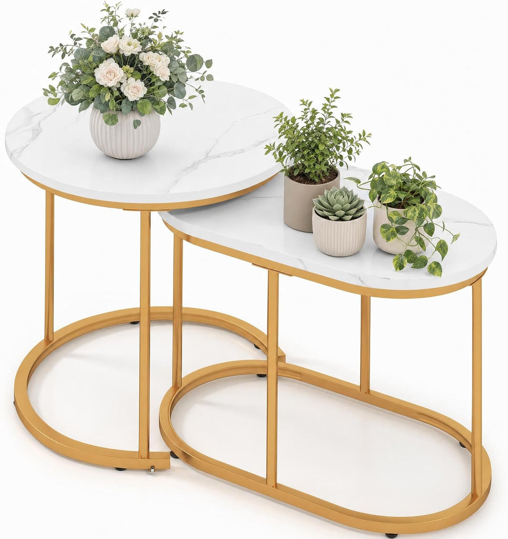 LDAILY Nesting Coffee Table Set with Marble-Look Top, 2-Piece | Golden Steel Frame, Easy Assembly, Accent Stacking Side Table, for Bedroom, Living Room, Apartment