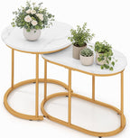 LDAILY Nesting Coffee Table Set with Marble-Look Top, 2-Piece | Golden Steel Frame, Easy Assembly, Accent Stacking Side Table, for Bedroom, Living Room, Apartment