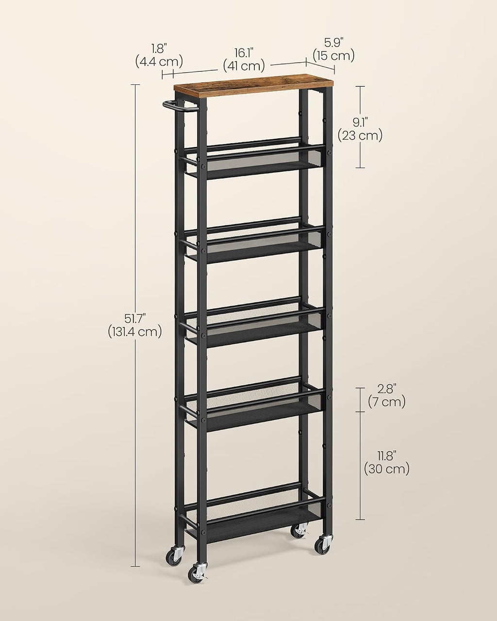 VASAGLE Slim Storage Cart, 6-Tier Rolling Utility Cart, Skinny Shelf for Kitchen Pantry, Narrow Bathroom Organizer, 17.9 x 5.9 x 51.7 inch, Rustic Brown and Matte Black, Dacey Collection ULRC038K101