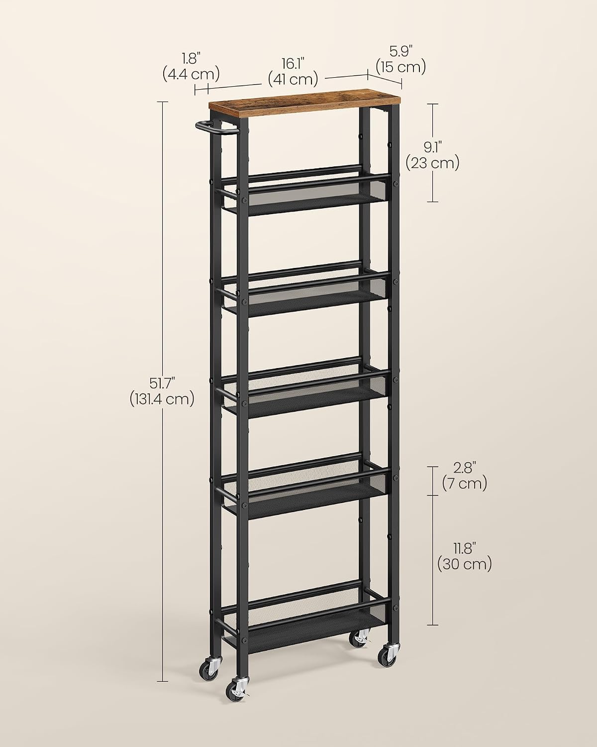 VASAGLE Slim Storage Cart, 6-Tier Rolling Utility Cart, Skinny Shelf for Kitchen Pantry, Narrow Bathroom Organizer, 17.9 x 5.9 x 51.7 inch, Rustic Brown and Matte Black, Dacey Collection ULRC038K101
