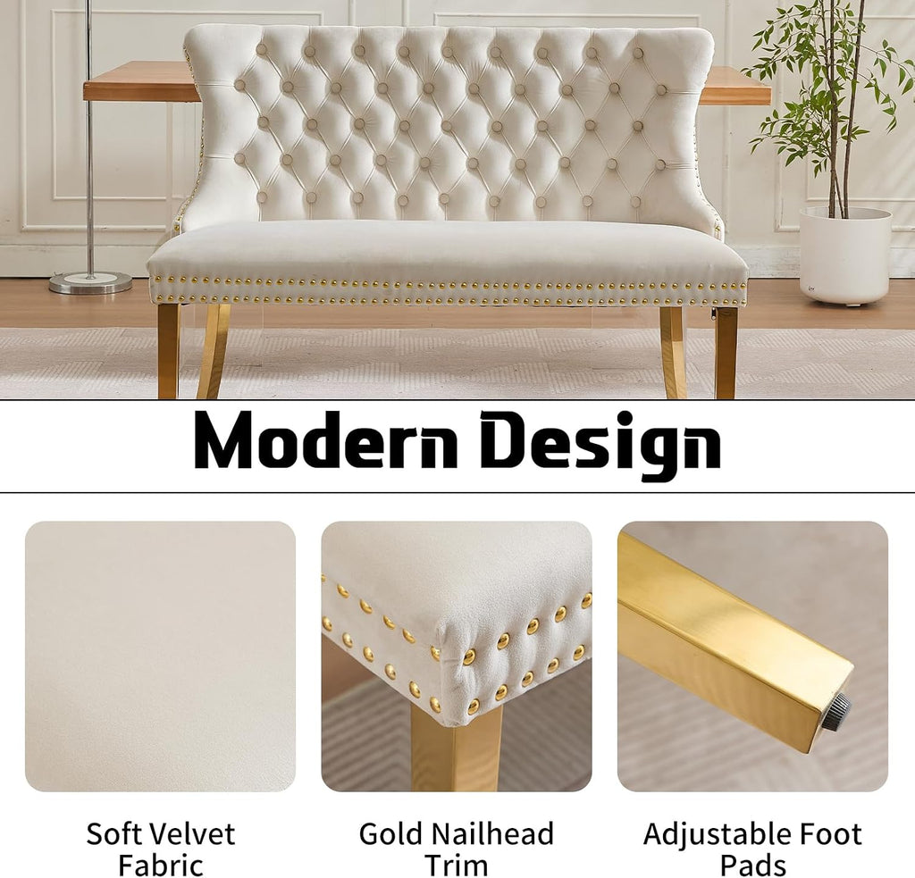 Beige Velvet Dining Bench with Back, Tufted Banquette Seating, Gold Legs | Upholstered loveseat bench; tufted back; nailhead trim; 500 lb capacity; foam and spring seat; dining room or entryway