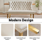 Beige Velvet Dining Bench with Back, Tufted Banquette Seating, Gold Legs | Upholstered loveseat bench; tufted back; nailhead trim; 500 lb capacity; foam and spring seat; dining room or entryway
