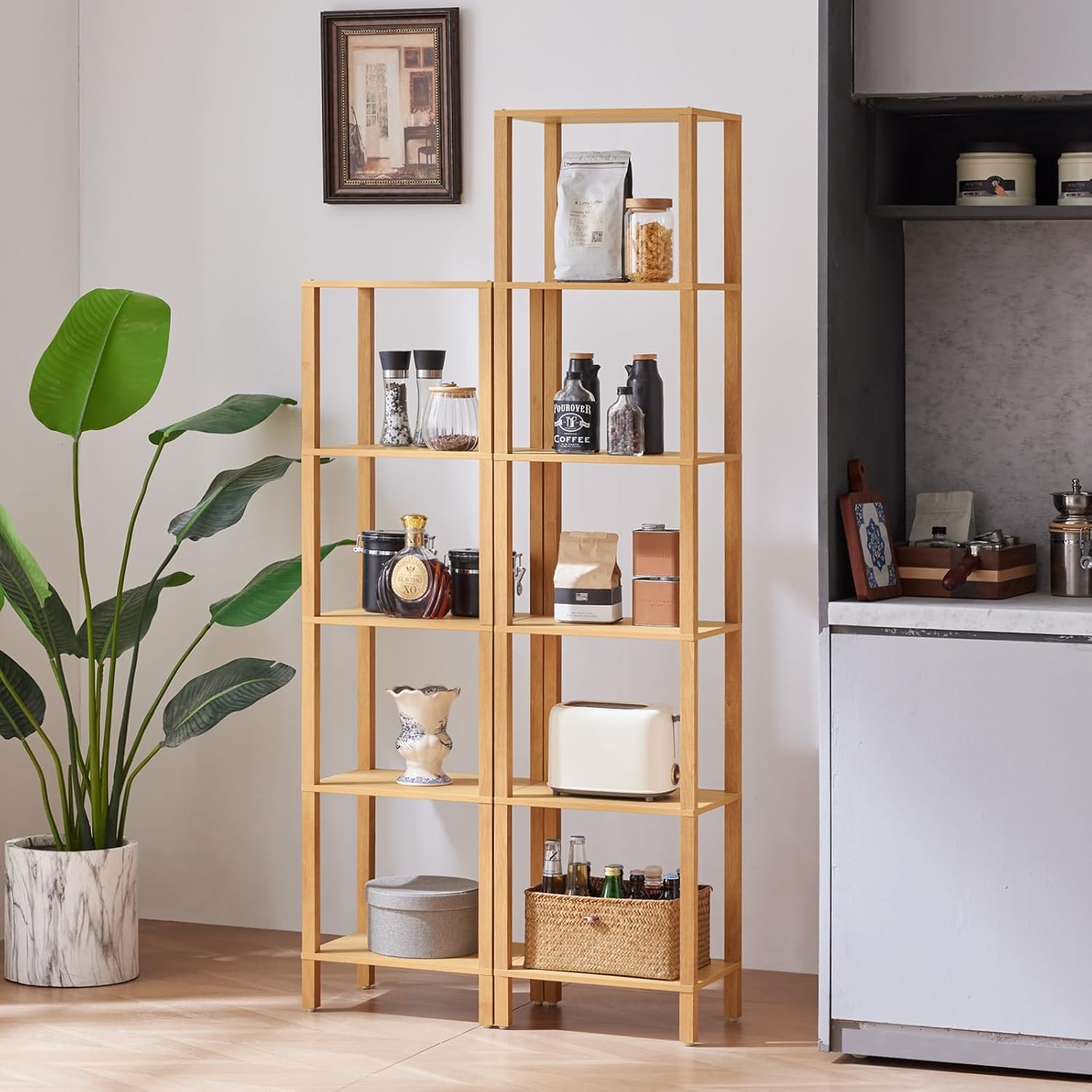YUFAM 54in Tall Bookshelf 5-Tier Small Narrow Bookcase, Skinny Book Shelf for Small Space, Farmhouse Slim Shelf with Storage, Wood Freestanding Display Thin Bookshelves for Living Room, Natural
