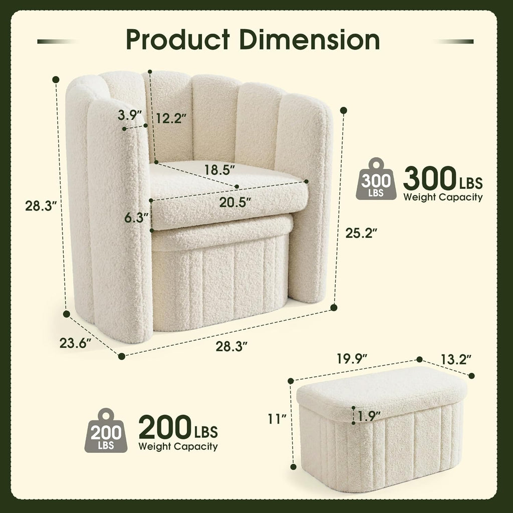 Homkdom Barrel Accent Chair with Storage Ottoman, Teddy Fleece Shell Back, Ergonomic Lumbar Support, Spring Foam Seat, 300 lbs, Reading Chair for Bedroom Living Room Home Office Creamy White