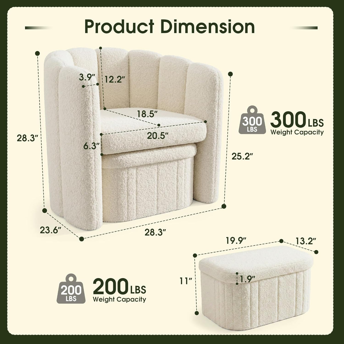 Homkdom Barrel Accent Chair with Storage Ottoman, Teddy Fleece Shell Back, Ergonomic Lumbar Support, Spring Foam Seat, 300 lbs, Reading Chair for Bedroom Living Room Home Office Creamy White