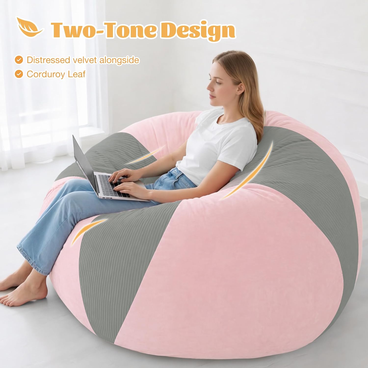 Homguava 6FT Bean Bag Chairs for Adult Teardrop Bean Bag with Memory Foam | Bean Bags with Handy Handle and Washable Cover for Living Room, Bedroom (Corduroy Light Grey/Pink)