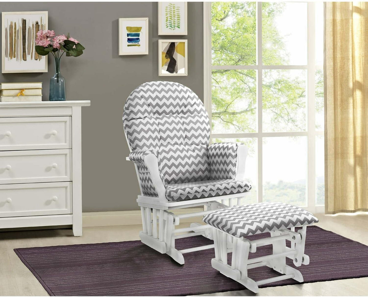 HomeStock Glider and Ottoman Set - Padded Arms, Storage Pockets, Metal Bearings White and Gray Chevron
