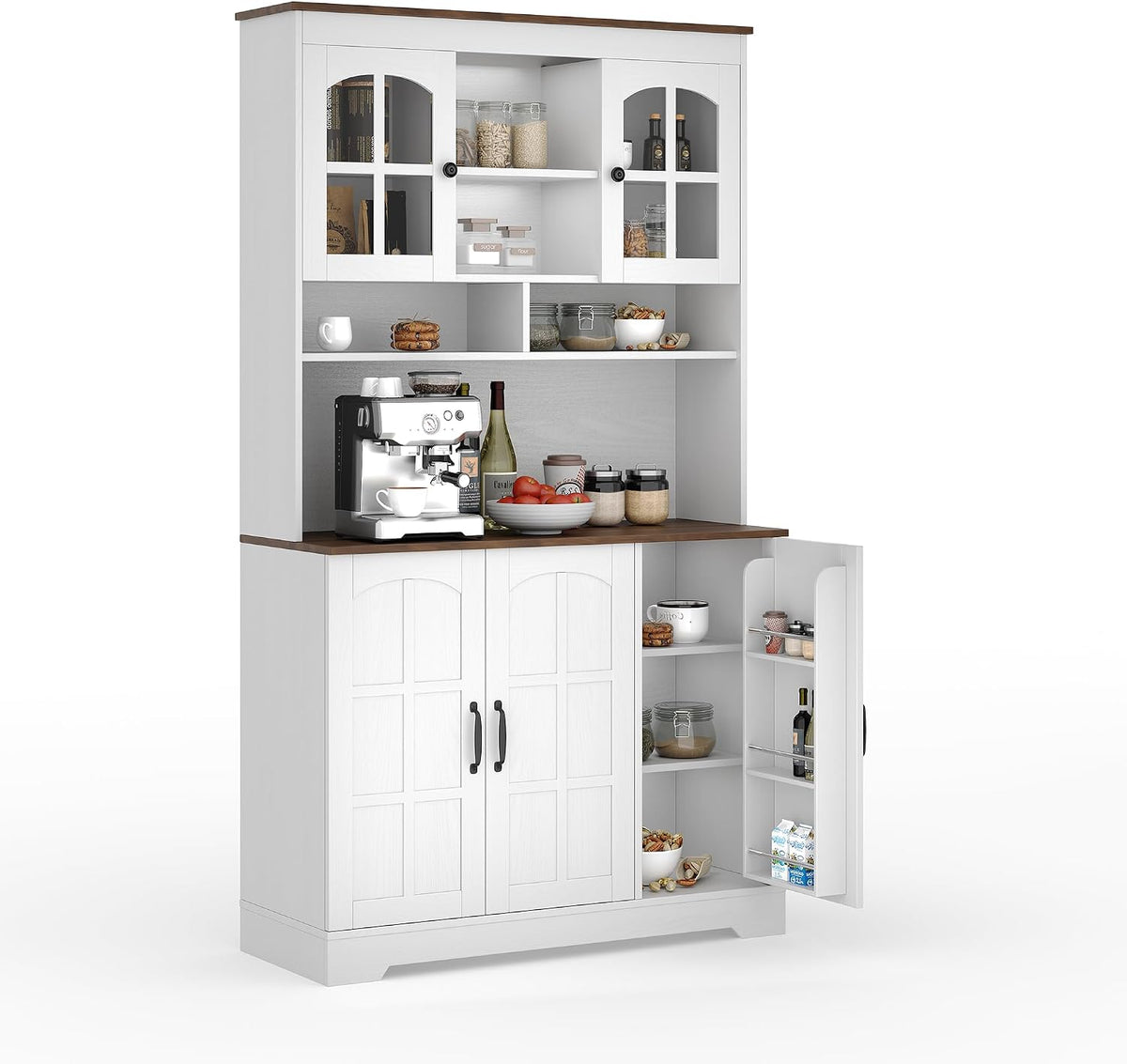 IDEALHOUSE Pantry Cabinet, 70.9 Inch Kitchen Cabinet with Glass Doors, Tall Kitchen Pantry Storage Cabinet with Hutch