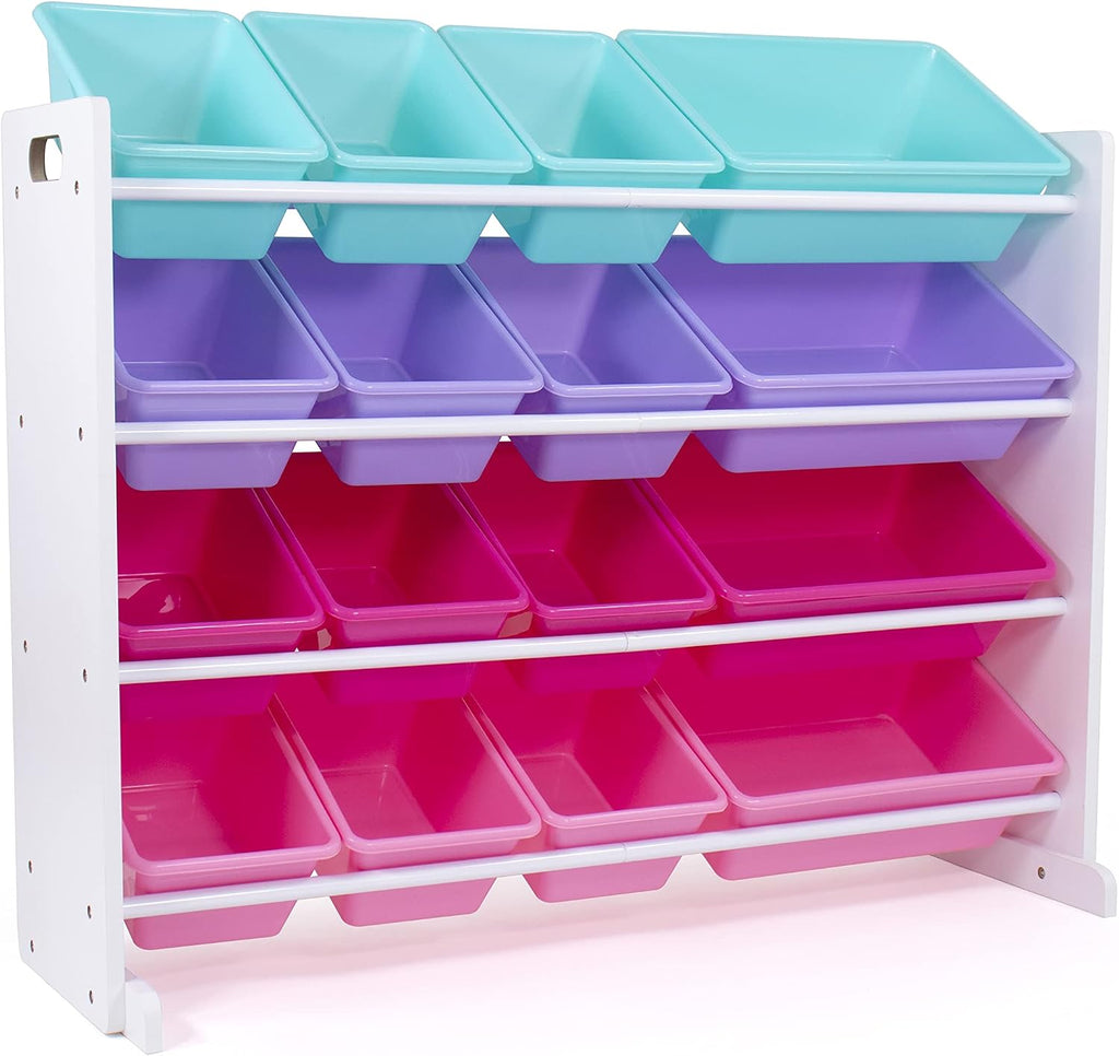 Humble Crew Tot Tutors Wood Table & 4 Chairs Set-White, Pink, Purple Forever Collection & White/Blue/Pink/Purple Extra-Large Toy Organizer, 16 Storage Bins