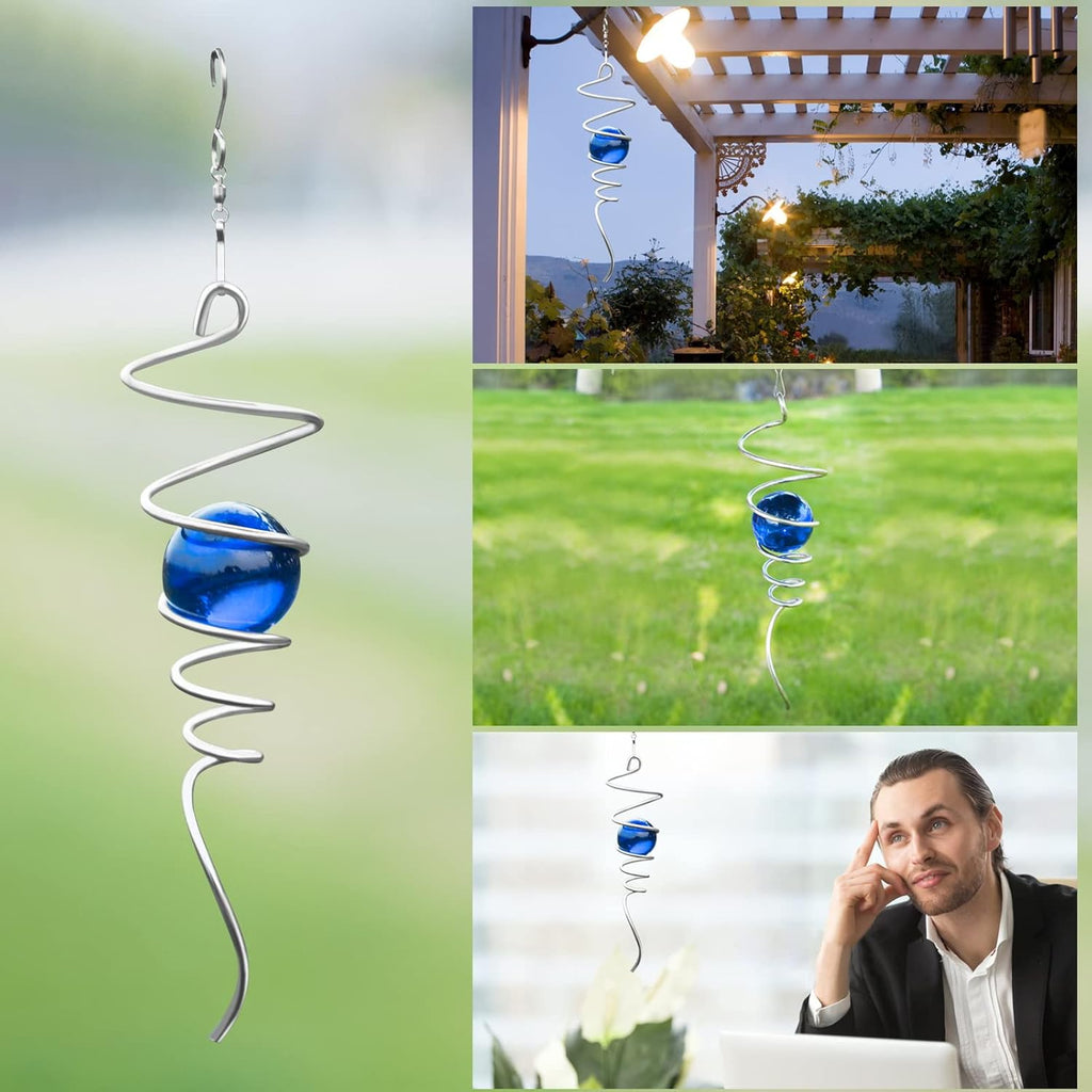 Gazing Ball Spiral Tail Wind Spinner Stabilizer, Garden Decorations Stainless Steel Metal with Hook & Blue Crystal Glass Orb Outdoor Hanging Decor Kinetic Yard 3D Swivel Art Sun Catchers