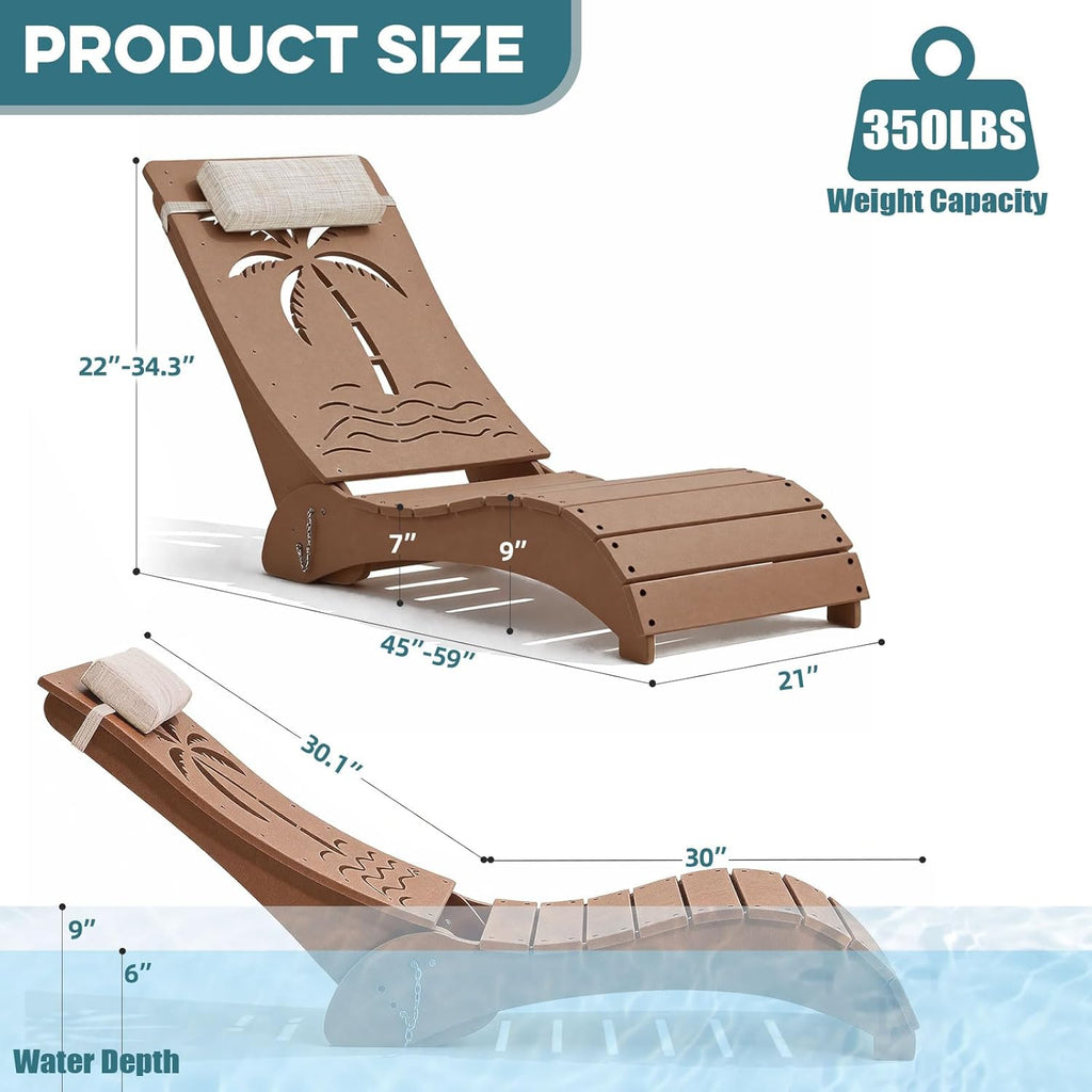 in Pool Lounge Chairs Set of 2, HDPE Pool Chaise Loungers for Sun Shelf up to 9 Inches, Fade-Resistant, 3-Position Adjustable Backrest with Headrest, Ergonomic Poolside Lounger, Teak